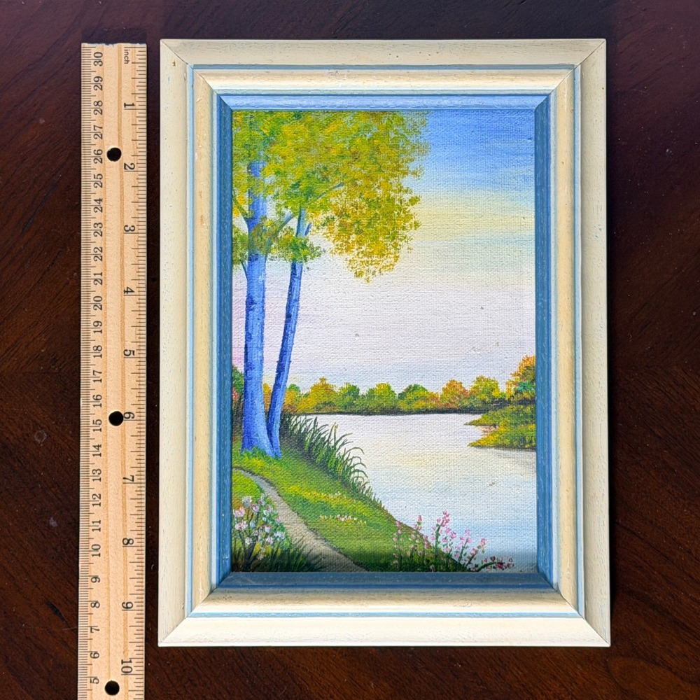 Vintage Pair Hand Painted Canvas Landscape Art Framed Lake River Scenes - Picture 8 of 13